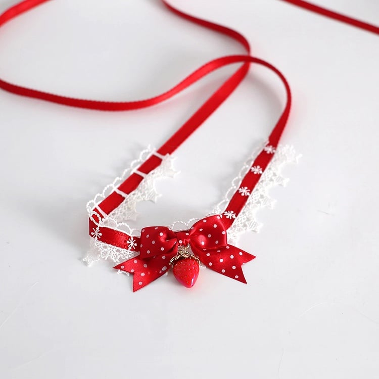 Dot Lace Strawberry - Choker Lolita Bow Polka 4-Color Design