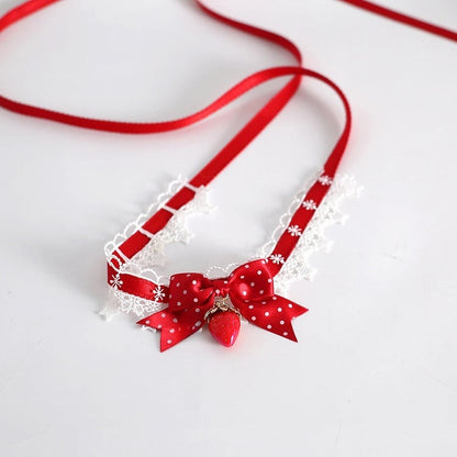 Dot Lace Strawberry - Choker Lolita Bow Polka 4-Color Design
