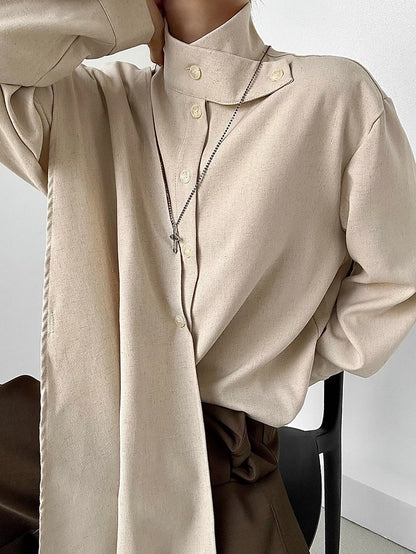 Button Sleeve Long Extended Stand with Shirt Unisex Collar Khaki