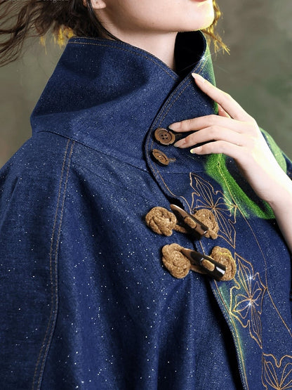 Blue Vintage Batwing Sleeve Outerwear with Chinoiserie Floral Embroidery - sijinstudio
