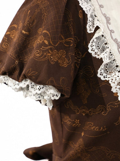 Vintage Doll Style Brown Short Sleeve OP Dress with Bear Symphony Print - Twin Bear Original Design