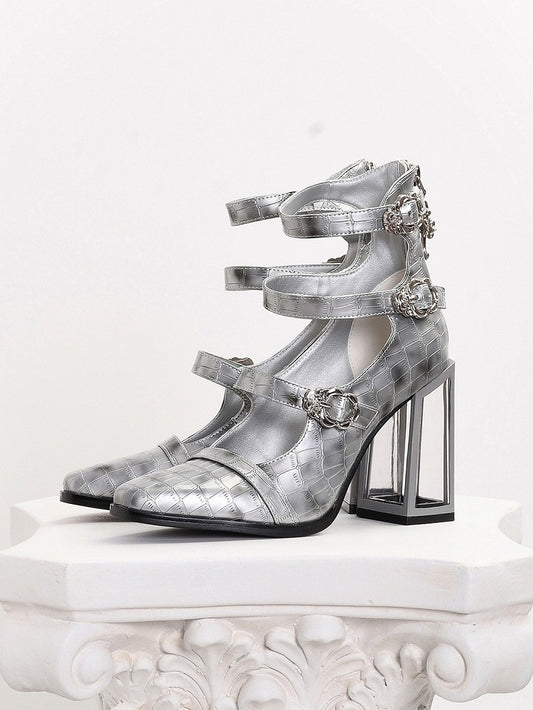 Polished Silver Gothic Crocodile Buckle Straps High Block Heels