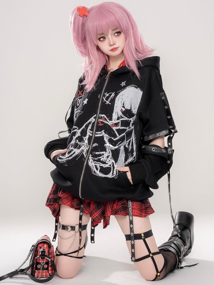 Punk Black/Beige Comic Girl Cutout Sleeves Zip Hoodie