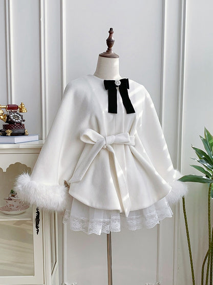 Detachable Lining Coat Fleece Cape with Fur Winter Lolita Collar White
