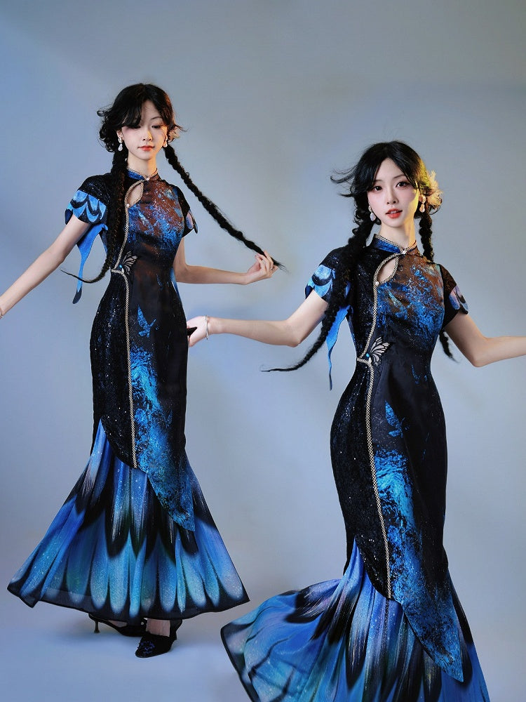 Satin Black & Blue Butterfly Cheongsam Long Dress with Floral Print - sijinstudio