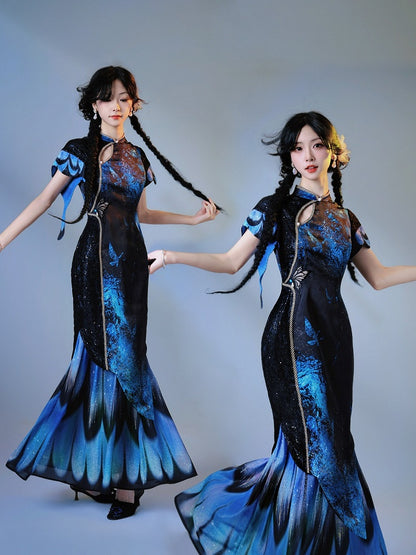 Satin Black & Blue Butterfly Cheongsam Long Dress with Floral Print - sijinstudio
