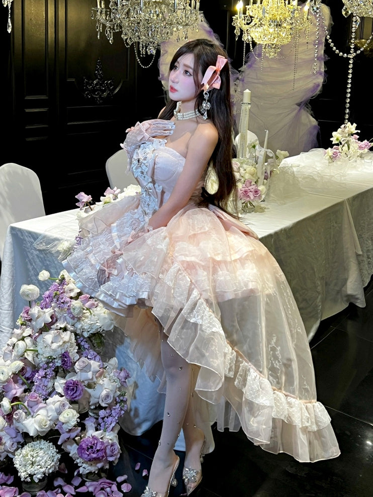 Pink Bows Decorated Bodice Sweet Layered Skirt Princess Birthday Strapless Dress