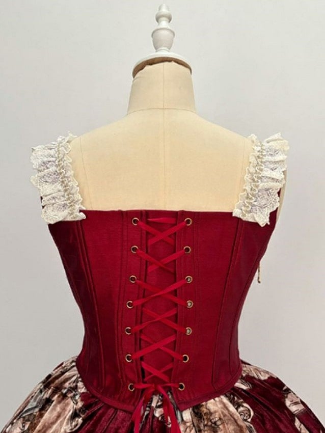 Details Bow With Lolita Trim Back Up And Lace Top Wine Red Lace-
