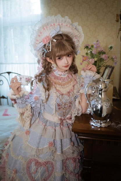 Wunderschönes Hanayome Lolita-Kleid mit Rosettenstickerei und Perlenkettendetails, Hellgrau