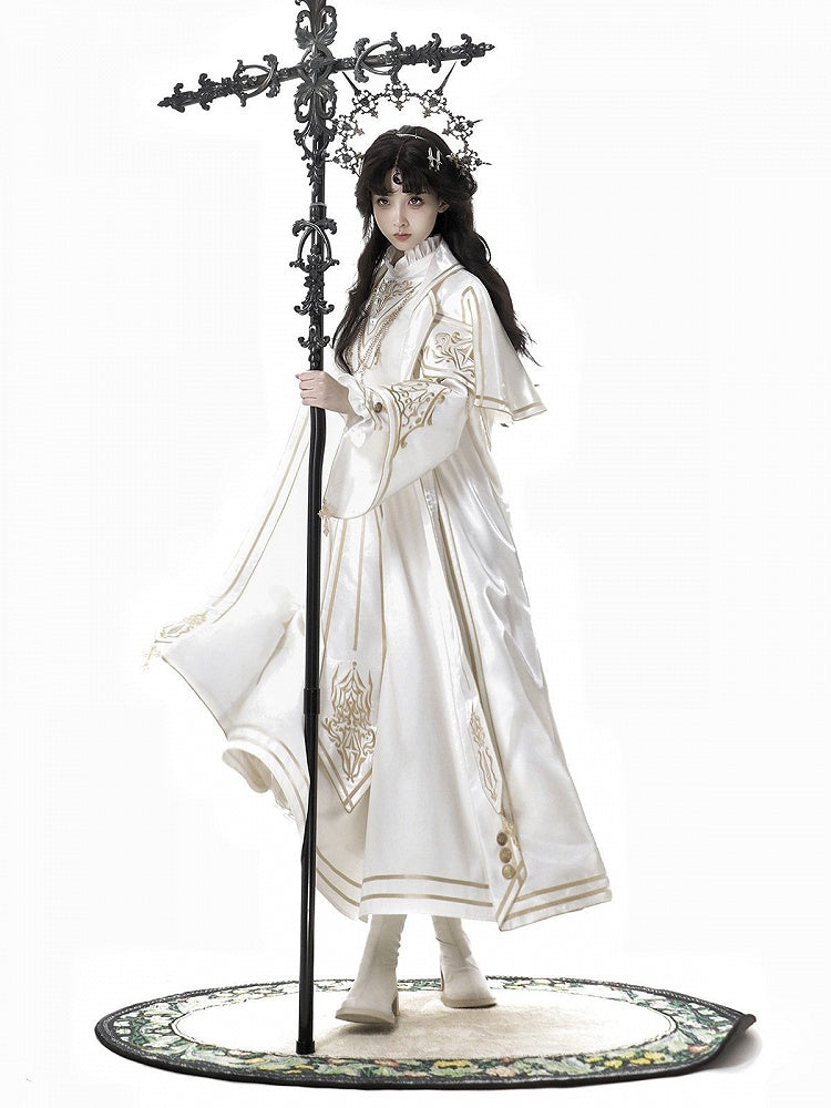 Gothic White Lolita Coat Gold Cross Button Details - Xiong Dou Jiang