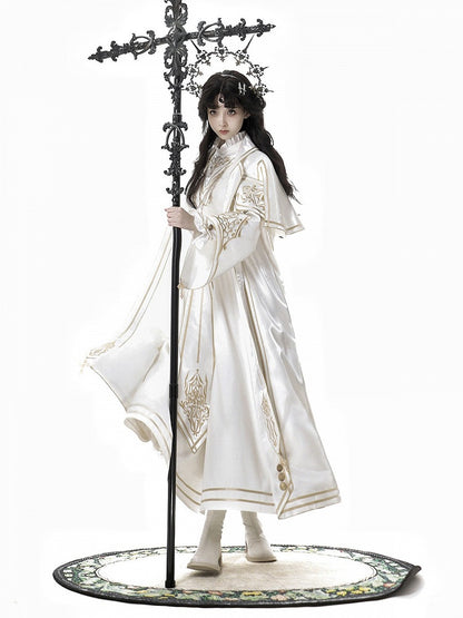 Gothic White Lolita Coat Gold Cross Button Details - Xiong Dou Jiang