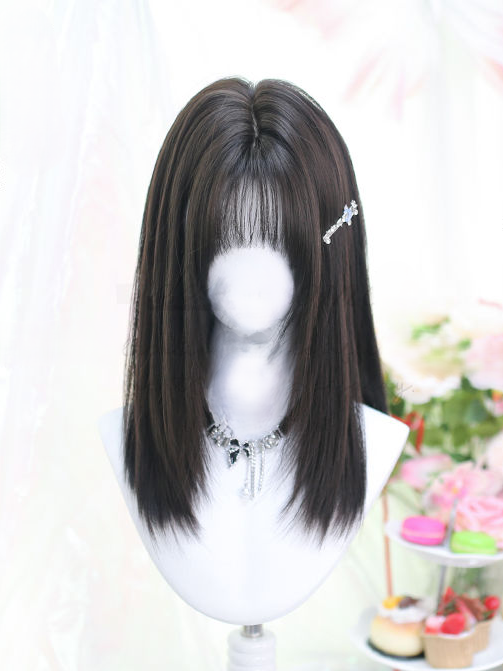 Bust Air Straight Length Bangs Black Wig Above