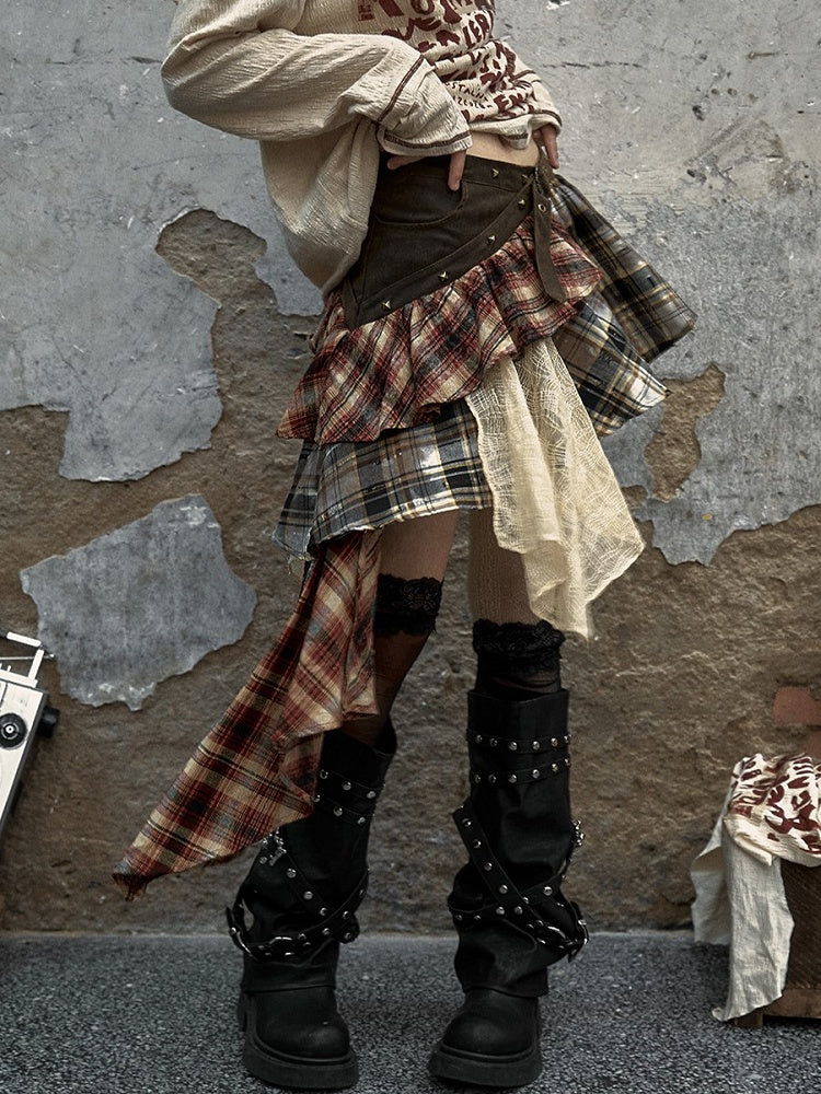 Patchwork Skirt Green with Studded Punk Belt Plaid Military Denim