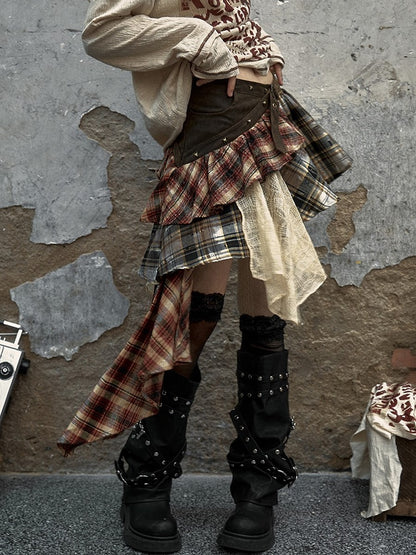 Patchwork Skirt Green with Studded Punk Belt Plaid Military Denim