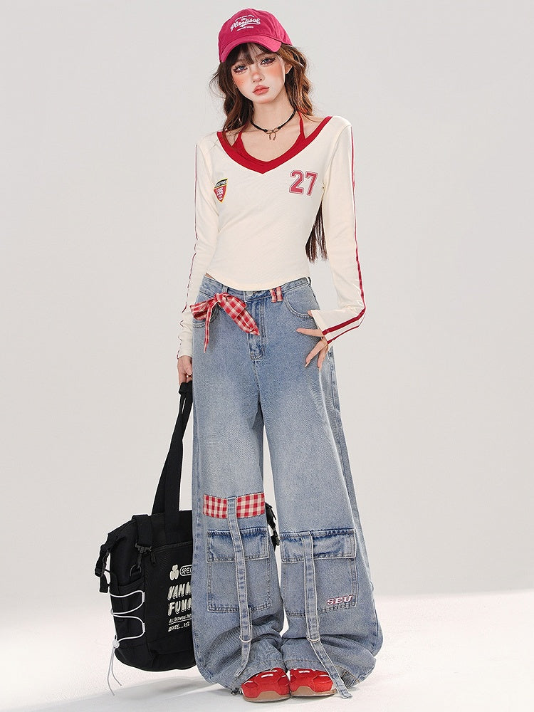 ライトブルーの取り外し可能なチェック柄リボンカーゴポケットワイドレッグカットジーンズ