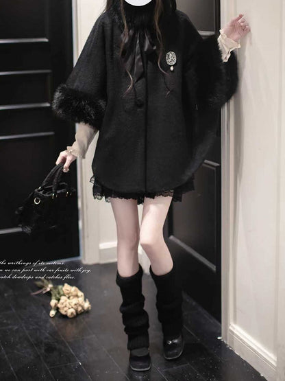 Black Cape Cuffs Jirai Plush Cozy Winter Coat - Kei with Fall Essential A Collar