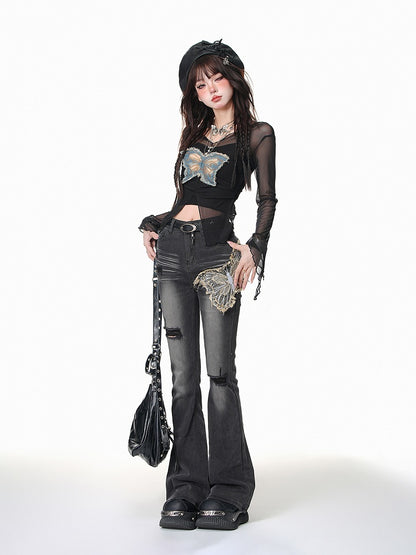 Black Butterfly Applique Fishtail Jeans with Distressed Holes - Kelly Kitty