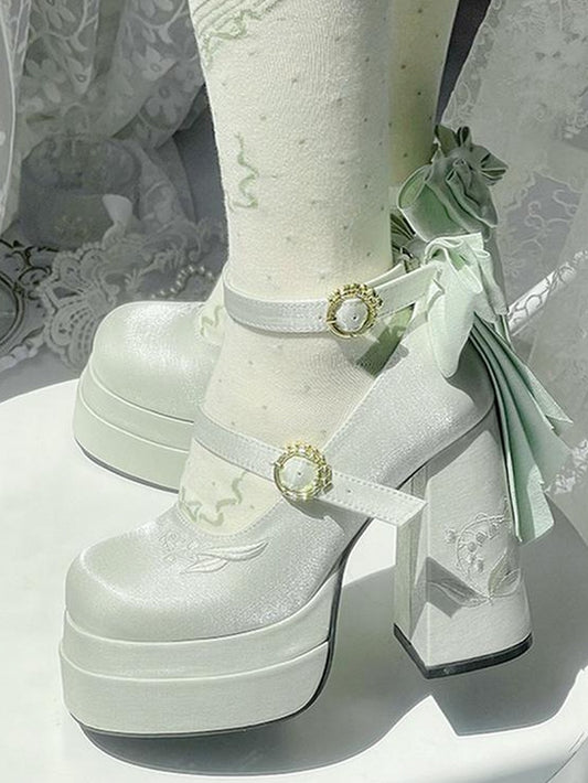 Detachable Light Platform Green Bowknot Valley High Heel the Embroidery Mary Janes Lily of Block
