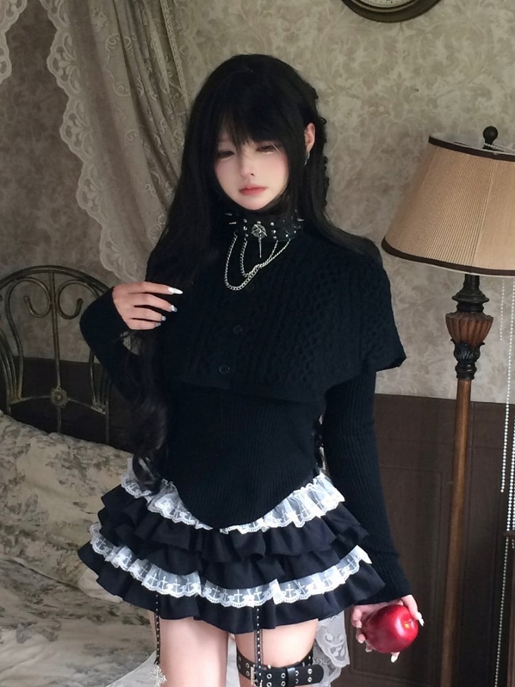 Shawl Curved Hem Sweater Button-Front Black with Detachable