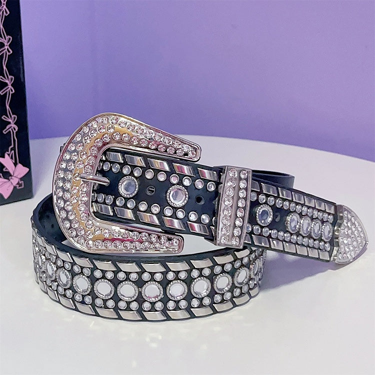 Punk Details Studs Waist Belt Decorated Rhinestone Black/White