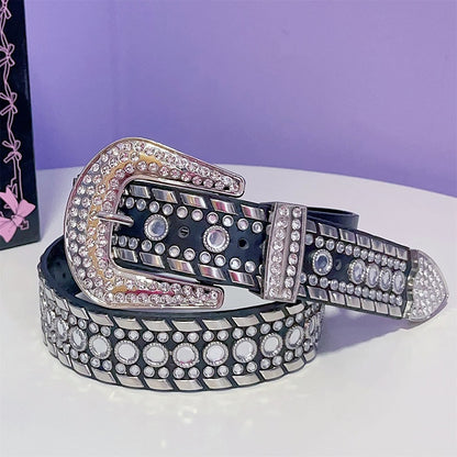 Punk Details Studs Waist Belt Decorated Rhinestone Black/White