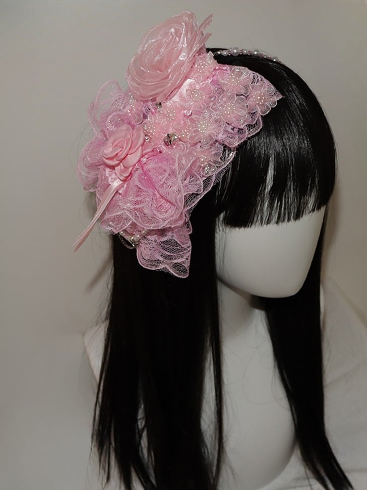 レースの花柄ヘアバンド 装飾トリム ビーズデザイン ピンク