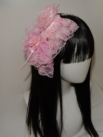 レースの花柄ヘアバンド 装飾トリム ビーズデザイン ピンク