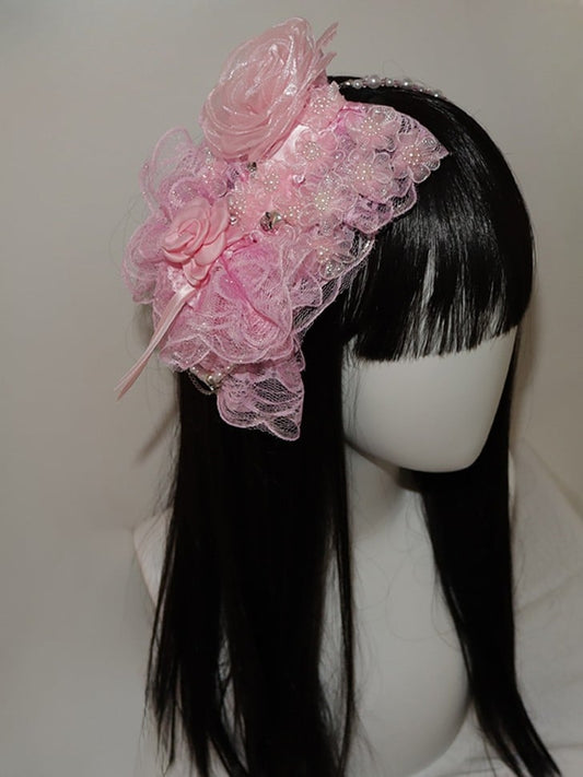 レースの花柄ヘアバンド 装飾トリム ビーズデザイン ピンク