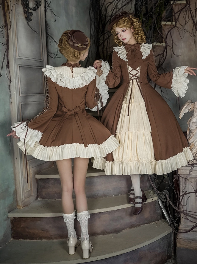 and Beige Ruffle Neckline Brown Sleeves Dress Lolita Bell Version Short