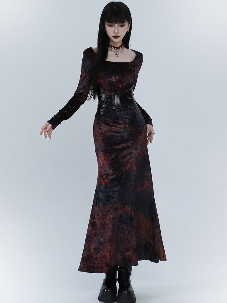 Black & Red Tie Dye Mermaid Skirt Velvet Dress