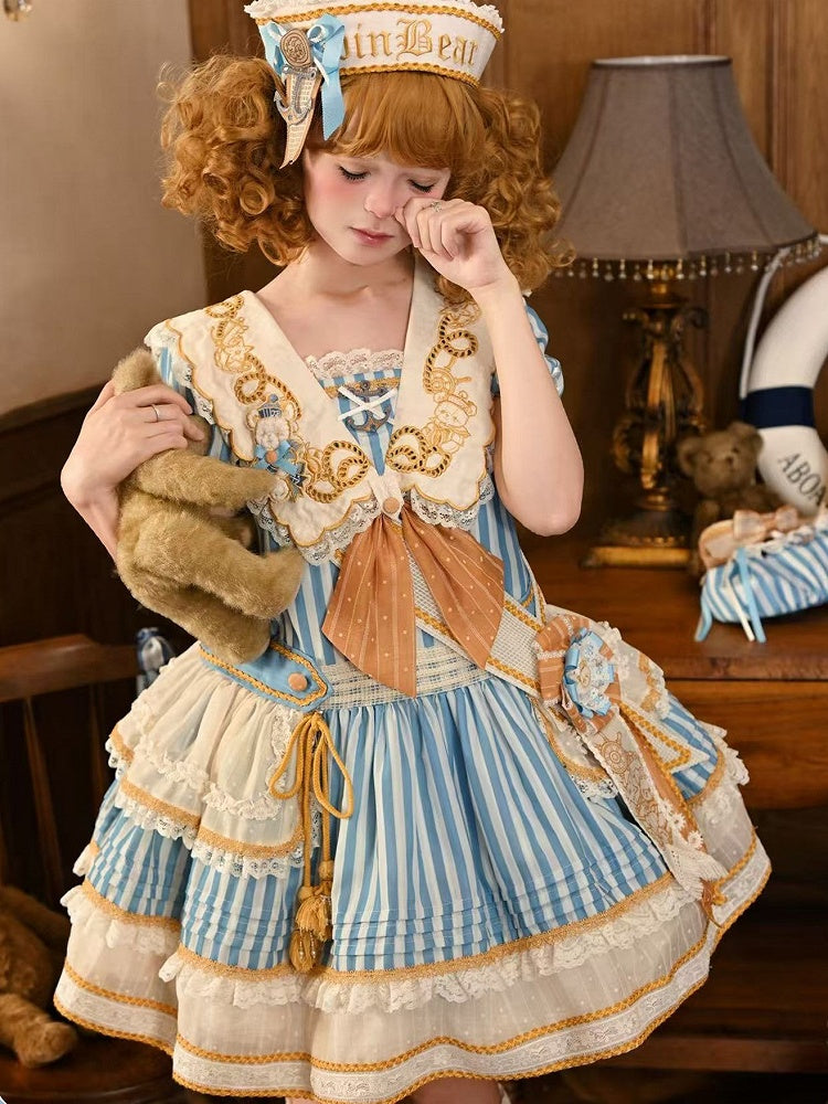 Striped Low Waist Sailor Lolita Dress with Embroidered Collar - Twin Bear Original Design