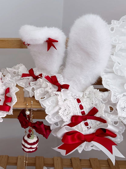 Fluffy Hairband Sweet Ear Lolita Red White Bunny Lace