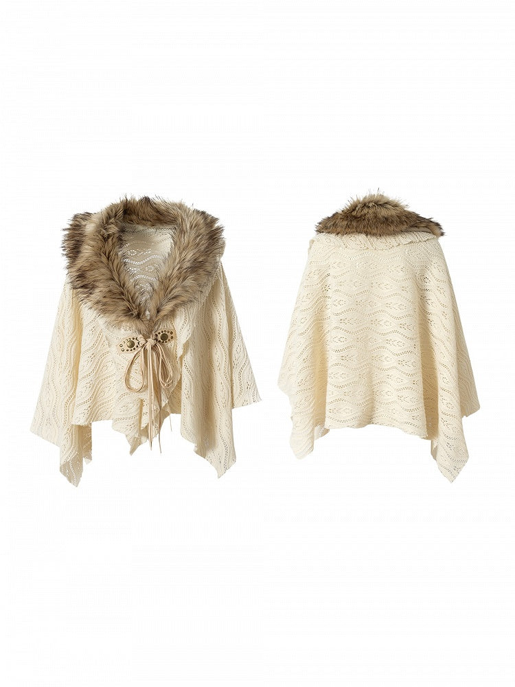 with Punk Y2K Hem Cape Collar Fur Shawl Handkerchief Knit Faux Beige Vintage