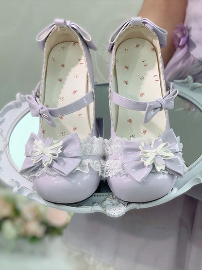 5.5CM Mid Heel Cherry Blossom Purple Round Toe Shoes with Lace & Bow - Hazelnut Bear