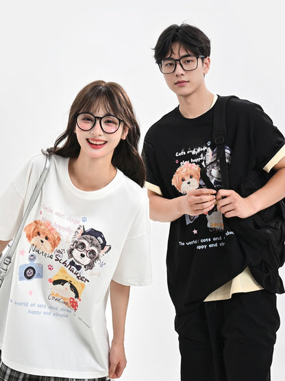 ホワイト/ブラック/ダークブルー ラウンドネック 子犬と子猫プリント ルーズTシャツ