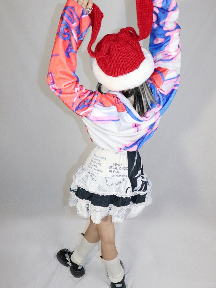 スカートとレース付きギャルファッションティアードホワイト/ピンクブラックトリムプリントスパイダーレター
