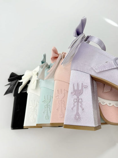 Blue Buckle Fork Embroidery Straps Heels Lace High Lolita Platform Block Bowknot