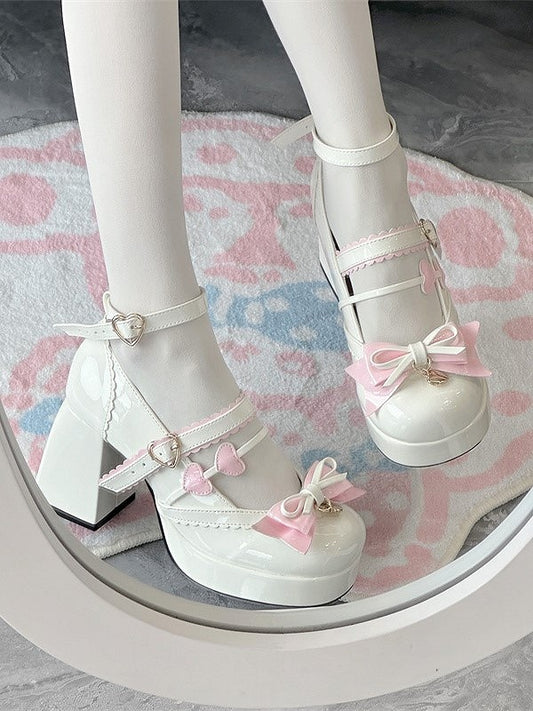 High-heel Heart Round-Toe Elegant Bow with White Charm Janes Decor and Top at Lolita Mary Pink