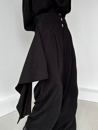 Black Wide-Leg Draped Ouji with Fly Three-Button High-Waisted Lolita Panel Pants