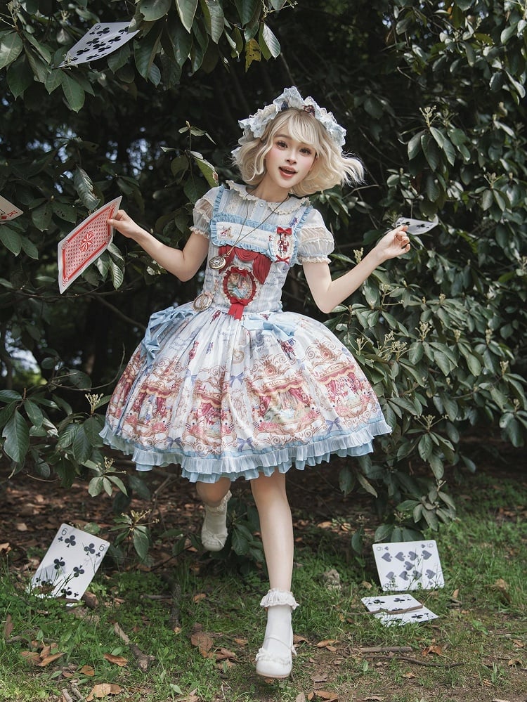 Alice in Wonderland Style Azure Sweet Skirt with Detachable Bow Ribbons - Forest Fairy Tales
