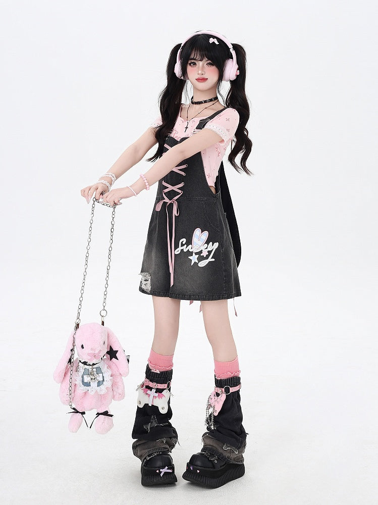 Black Bunny Ears Design Back Adorable Lace-up Denim Overall Shorts