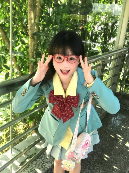 グリーンのノッチカラーのプレッピーミントJK制服ブレザー