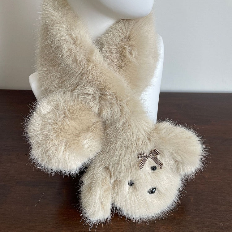 Weißer, zotteliger Schal in Welpenform mit Schleifendetail