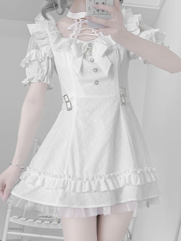 Weißes Jirai-Kleid mit Schnürung und Neck Kei-Krawattenschleife