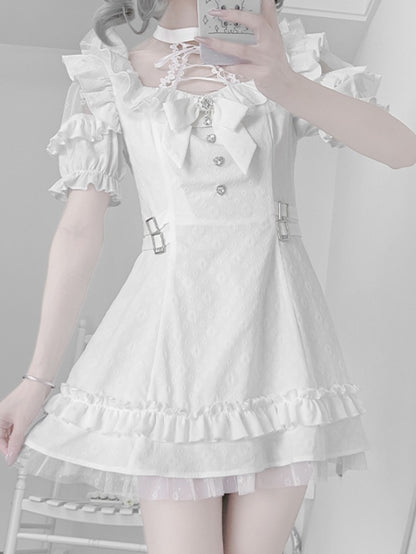 Weißes Jirai-Kleid mit Schnürung und Neck Kei-Krawattenschleife