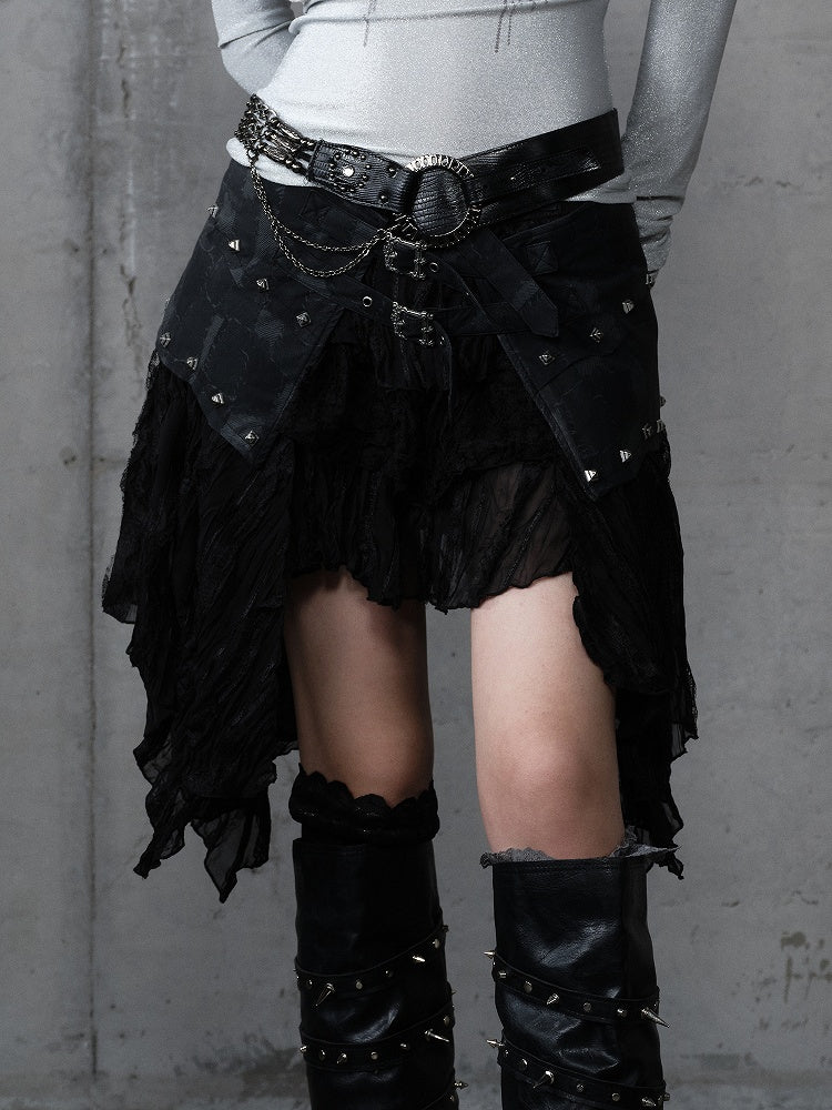 mit Saum PU Asymmetrischer Flair Rock Schwarz Nieten Punk Edgy Spitze Patchwork