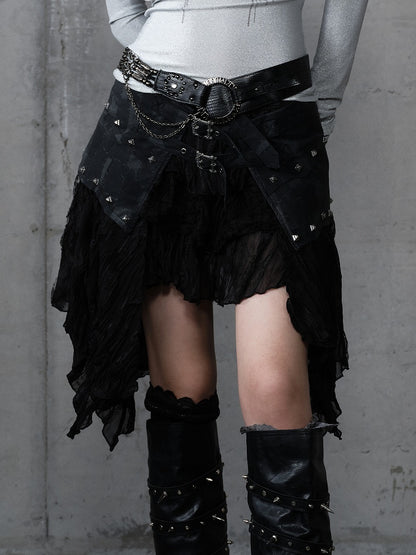 mit Saum PU Asymmetrischer Flair Rock Schwarz Nieten Punk Edgy Spitze Patchwork