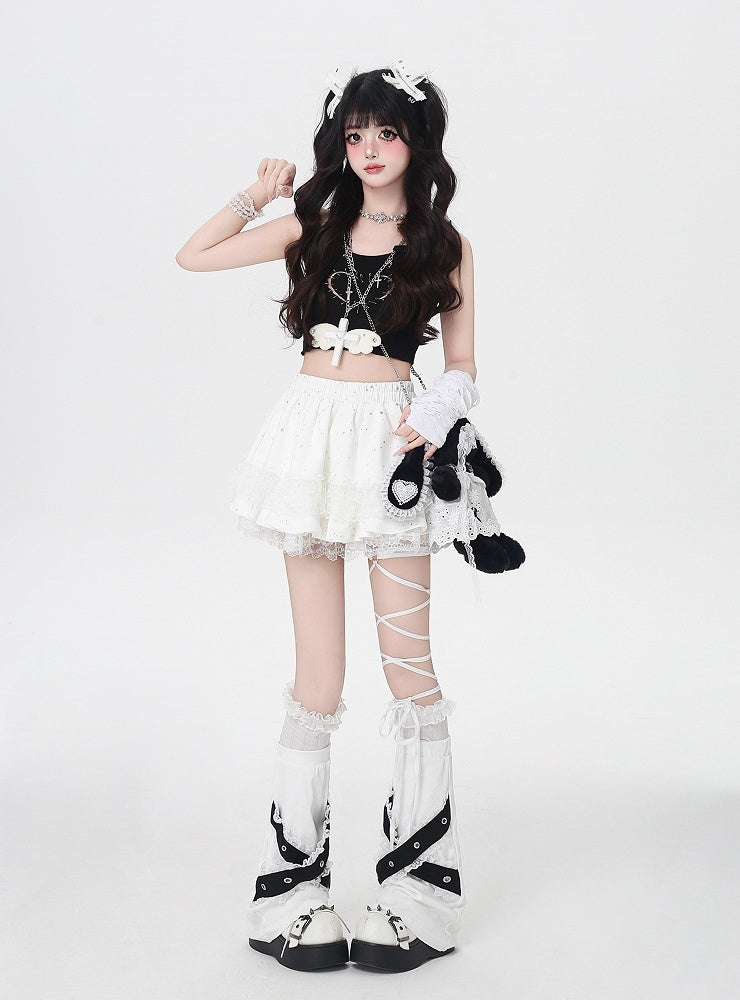 ホワイトの伸縮性ウエストティアードスカートトリムバレエコアレース