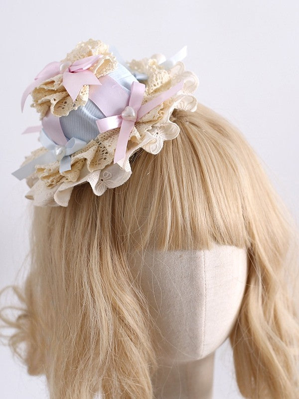 Verzierter Lolita-Detailhut mit blau-rosafarbener Schleife und Perlen
