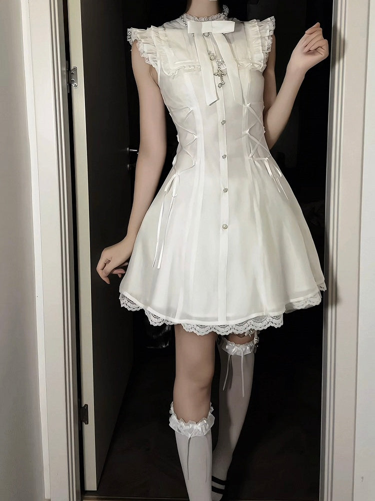 Flutter White Dress:Pure SleevesWaist Balletcore Lace-Up Version Short Stylewith